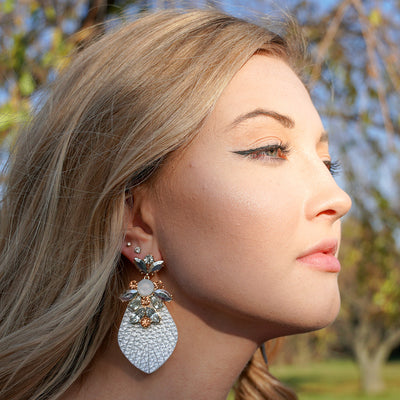 Silver Feather Statement Earrings with Crystal Detail