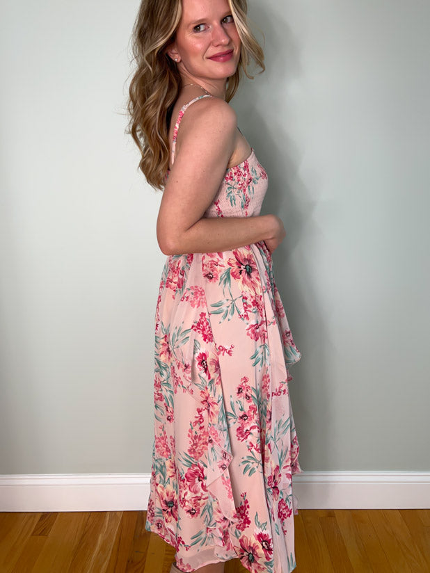 Smocked floral midi dress with pockets