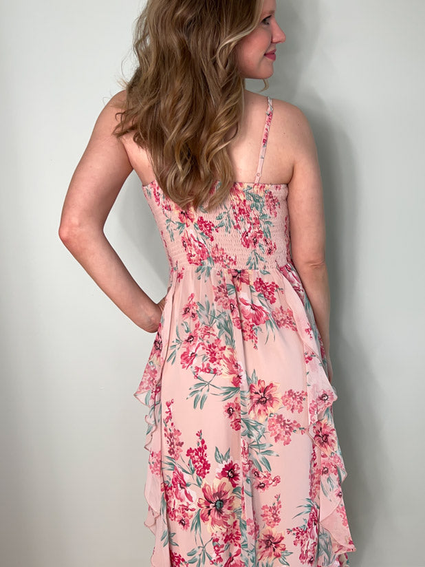 Smocked floral midi dress with pockets