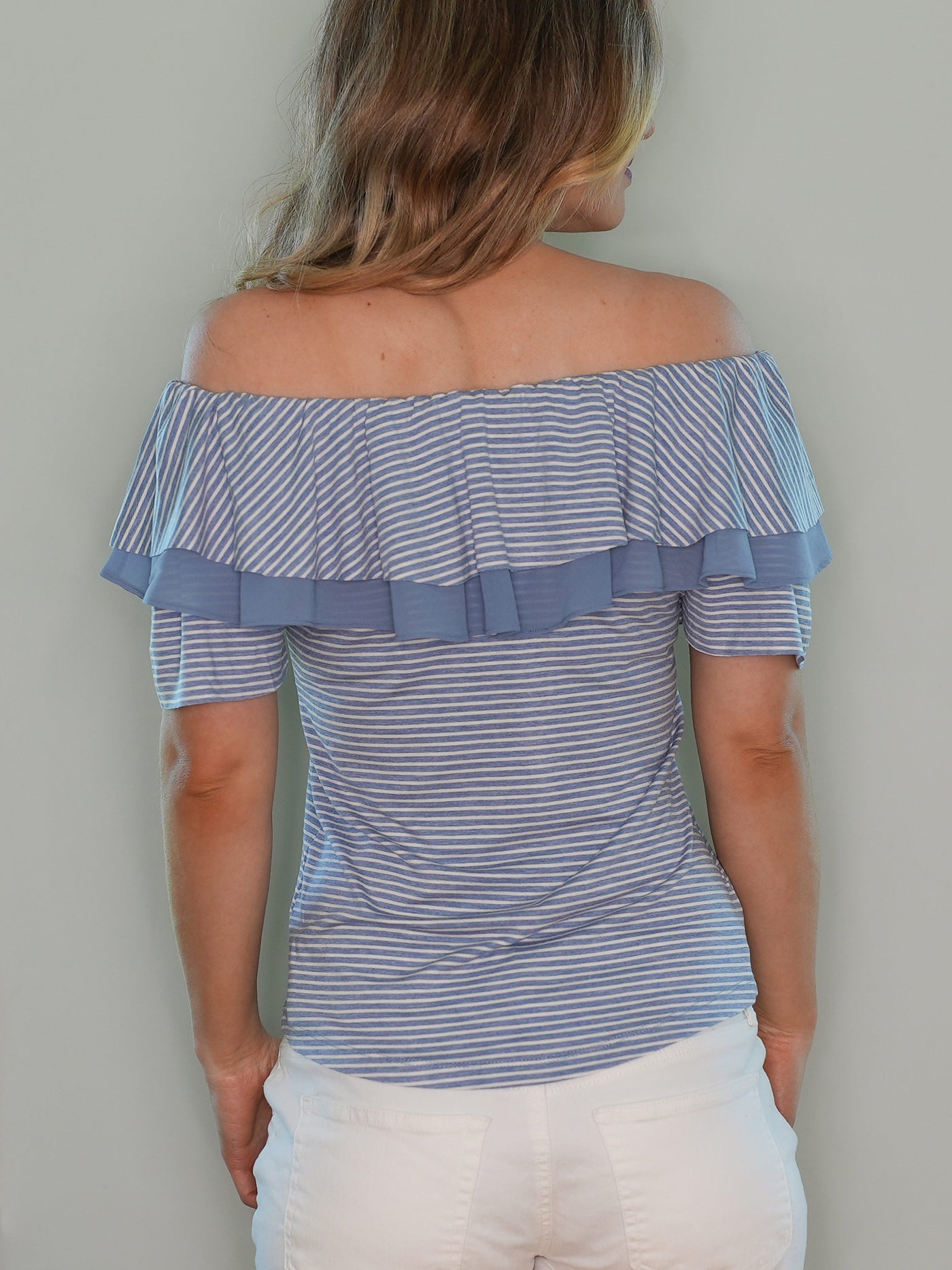 Blue and white striped off the shoulder top back