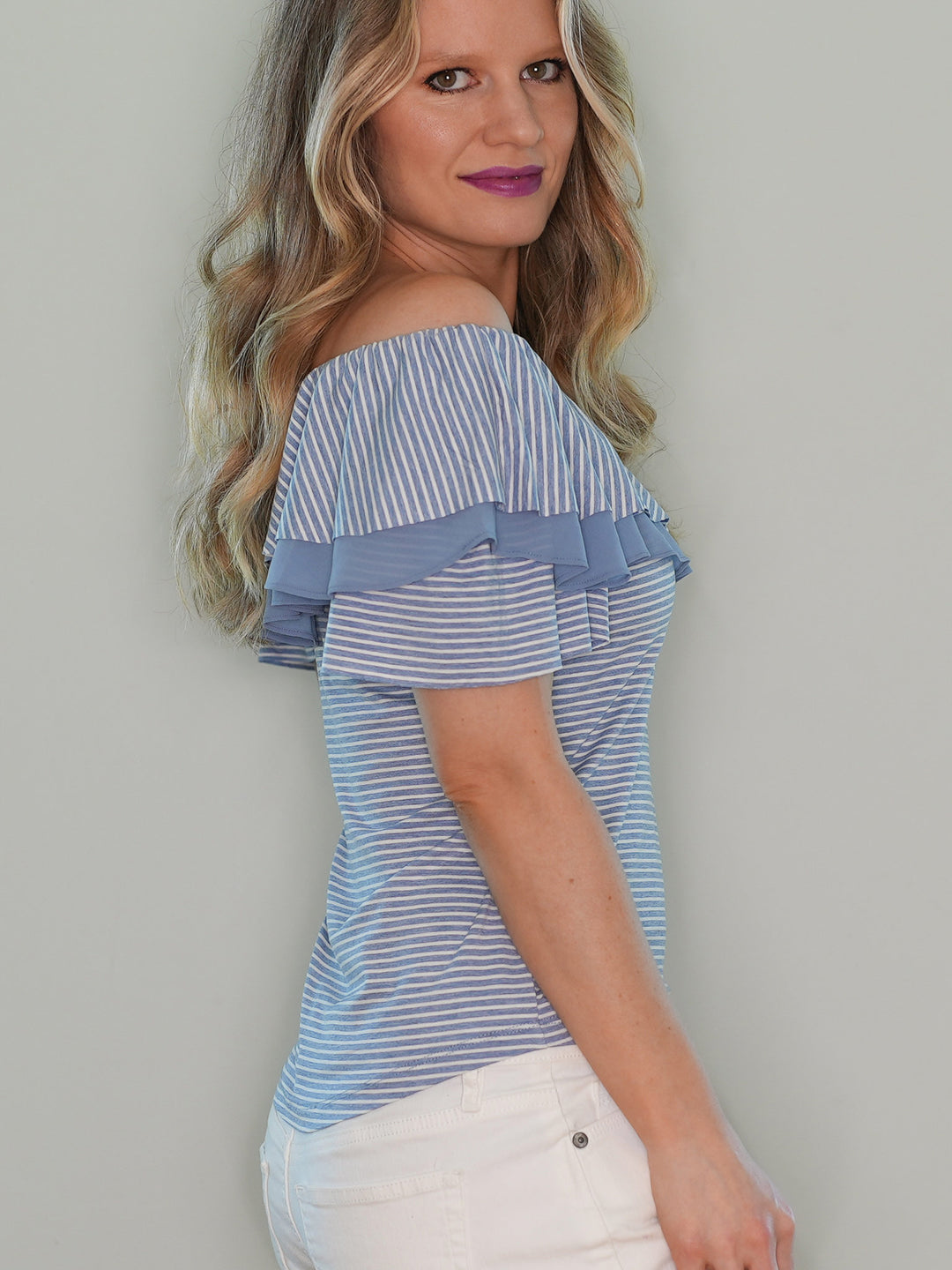 Blue and white striped off the shoulder top with ruffle