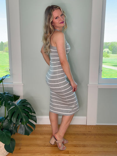 Grey and white striped midi dress side