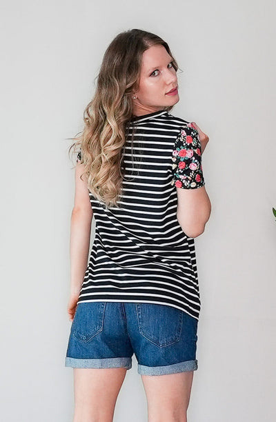 Black and White Striped Short Sleeve T-shirt with Floral Sleeves - Back