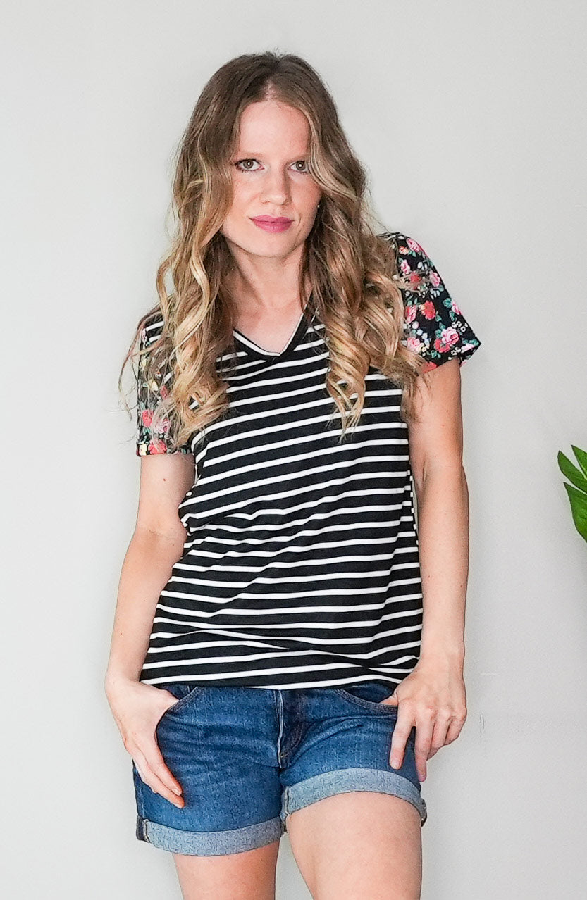 Striped Short Sleeve T-shirt with Floral Sleeves