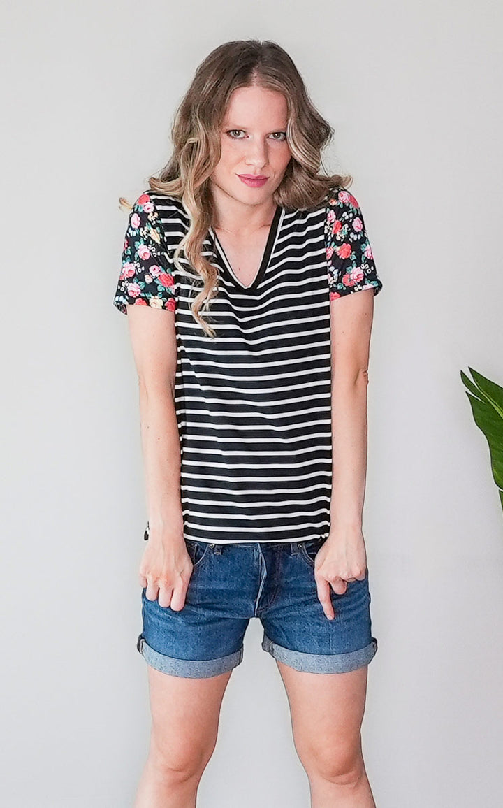 Black and White Striped Short Sleeve T-shirt with Floral Sleeves