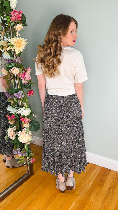 Black Floral Maxi Skirt with Tiered Hem Back