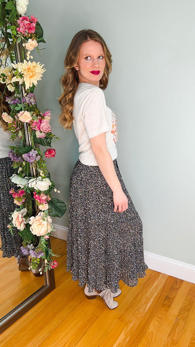 Black Floral Maxi Skirt with Tiered Hem