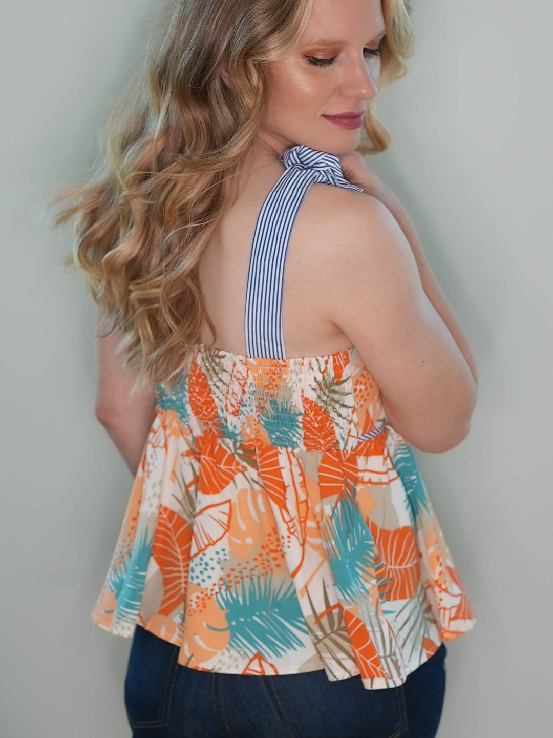 Smocked Tropical Print Tank Top with Tie Straps