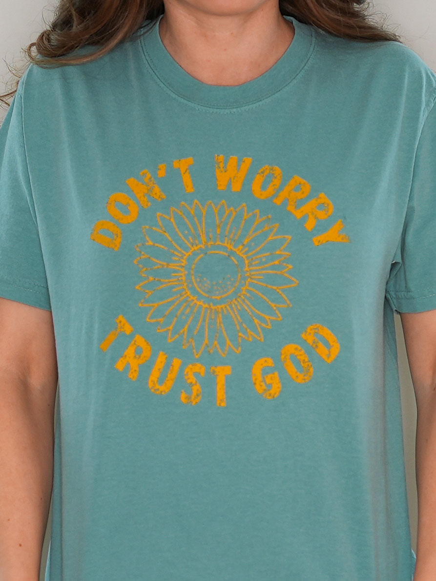 Don't Worry, Trust God Christian T-shirt with Sunflower - Close Up