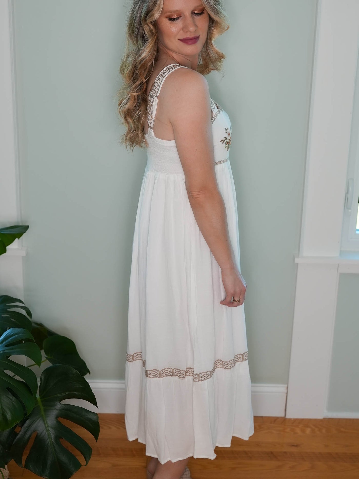 White Embroidered Midi Dress with Geometric Accents