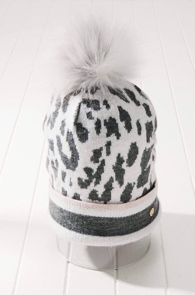 Grey, Pink, and White, Leopard Print Beanie with Fur Pom